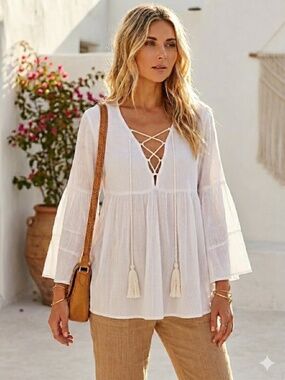 Show Me Your MuMu Poet Tie Top White Boho Blouse, Size small